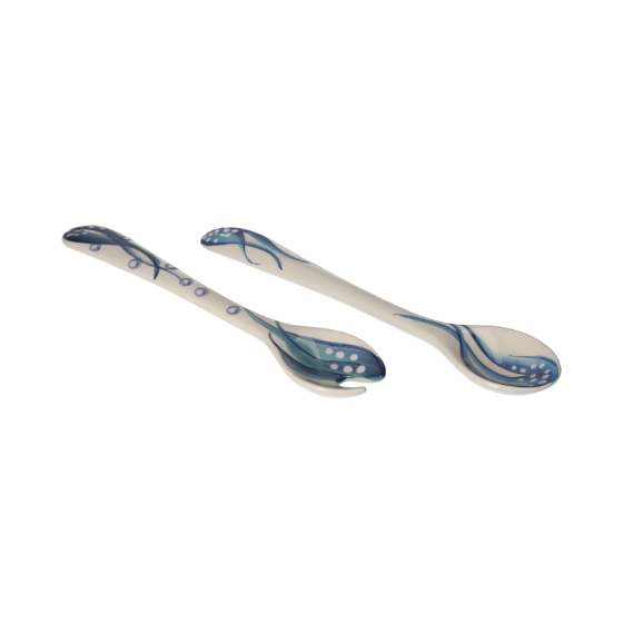 COPPIA DI POSATE IN CERAMICA CON DECORAZIONE POLIPO DIPINTO A MANO