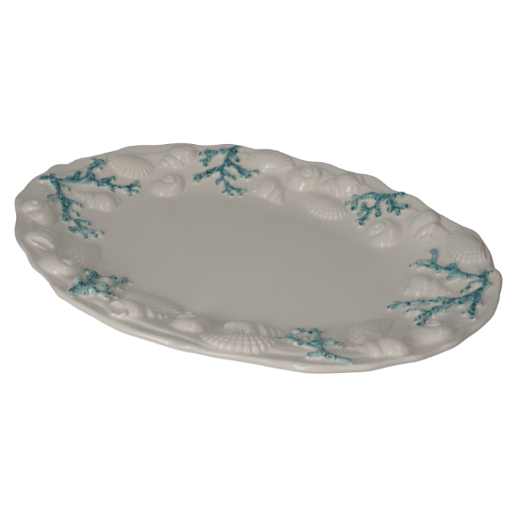 VASSOIO OVALE IN CERAMICA CON CONCHIGLIE E CORALLI COLORATI