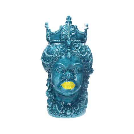 VASO TESTA DONNA PETROLIO CON LABBRA GIALLE DECORATIVO IN CERAMICA