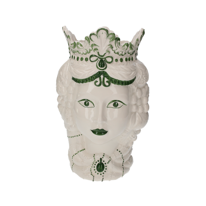 VASO TESTA PRINCIPESSA IN CERAMICA BIANCA DECORI VERDI